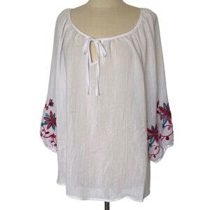 NWT NYCC White Pink Green Woven Rayon Peasant Top Embroidered Sleeves 2X